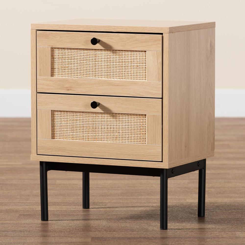 Light Brown and Black 2-Drawer End Table with Woven Rattan Accent. Picture 19