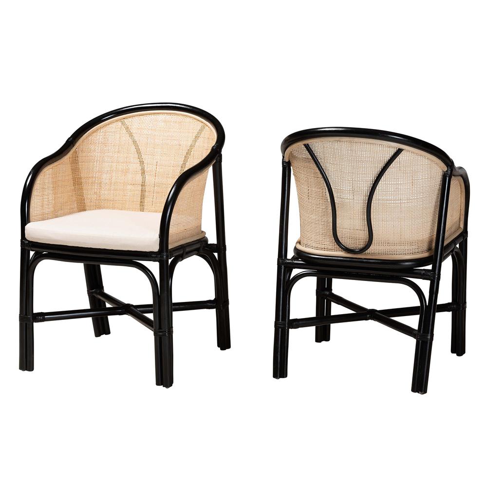 Bohemian Two-Tone Black and Natural Brown Rattan 2-Piece Dining Chair Set. Picture 10