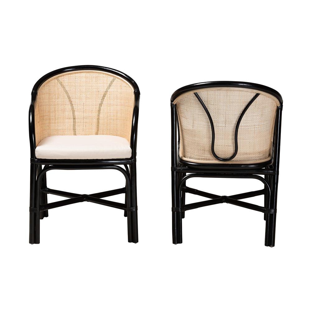 Bohemian Two-Tone Black and Natural Brown Rattan 2-Piece Dining Chair Set. Picture 11