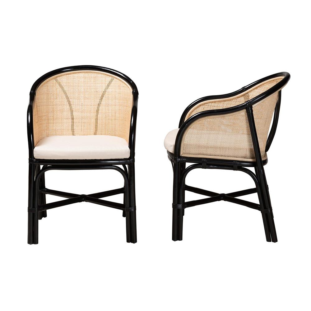 Bohemian Two-Tone Black and Natural Brown Rattan 2-Piece Dining Chair Set. Picture 12