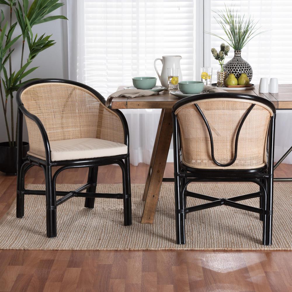 Bohemian Two-Tone Black and Natural Brown Rattan 2-Piece Dining Chair Set. Picture 16