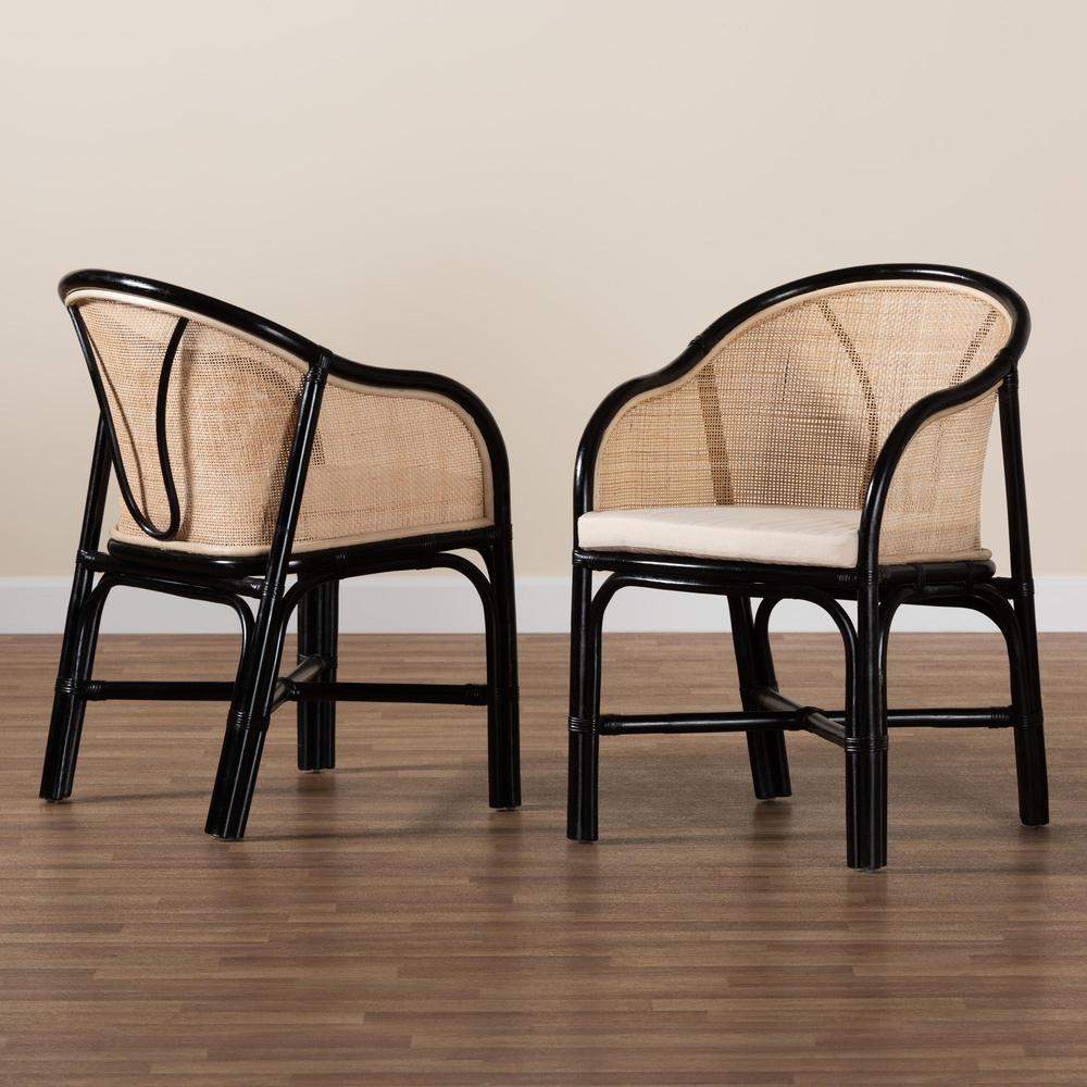Bohemian Two-Tone Black and Natural Brown Rattan 2-Piece Dining Chair Set. Picture 17