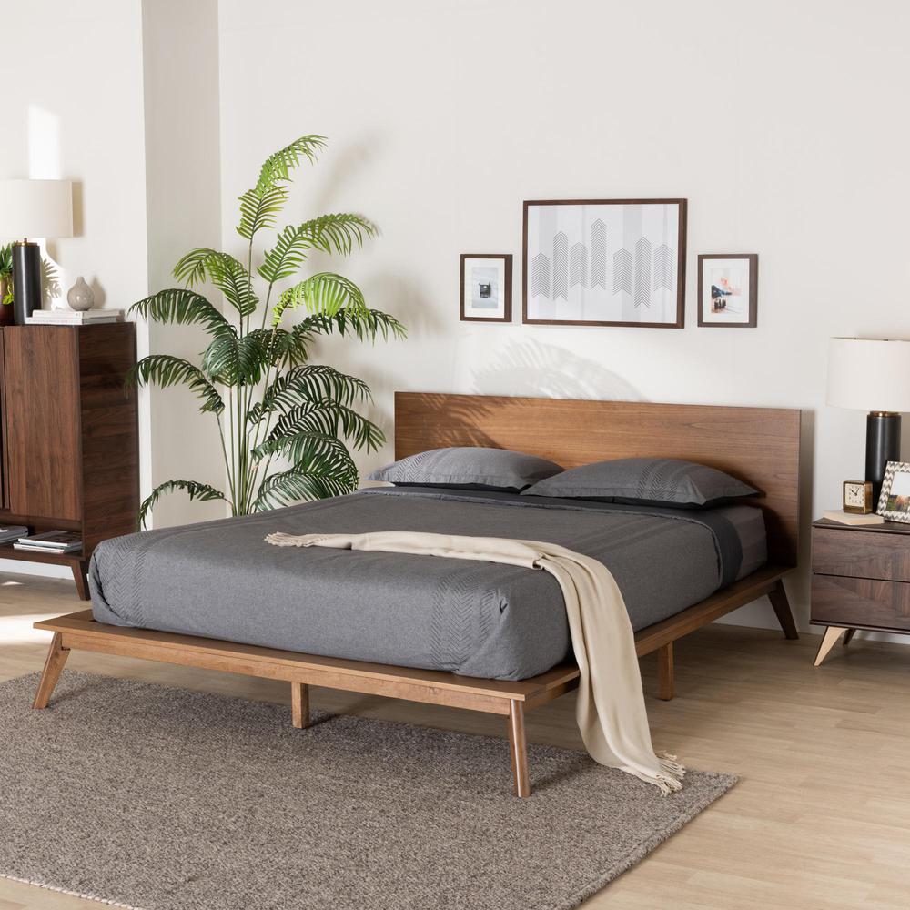 Wheatley Mid-Century Modern Walnut Brown Finished Wood Queen Size Platform Bed. Picture 17