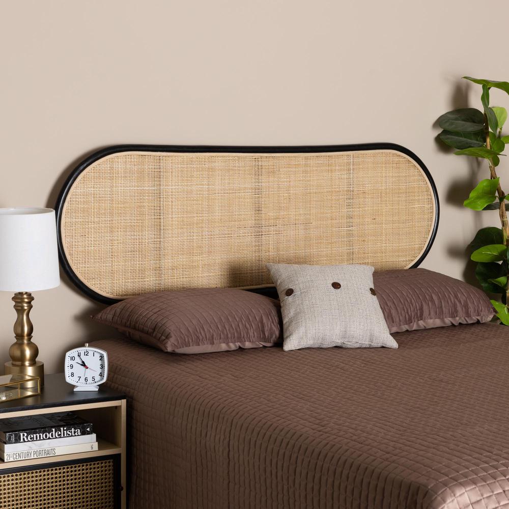 Bohemian Two-Tone Black and Natural Brown Rattan Queen Size Standalone Headboard. Picture 14