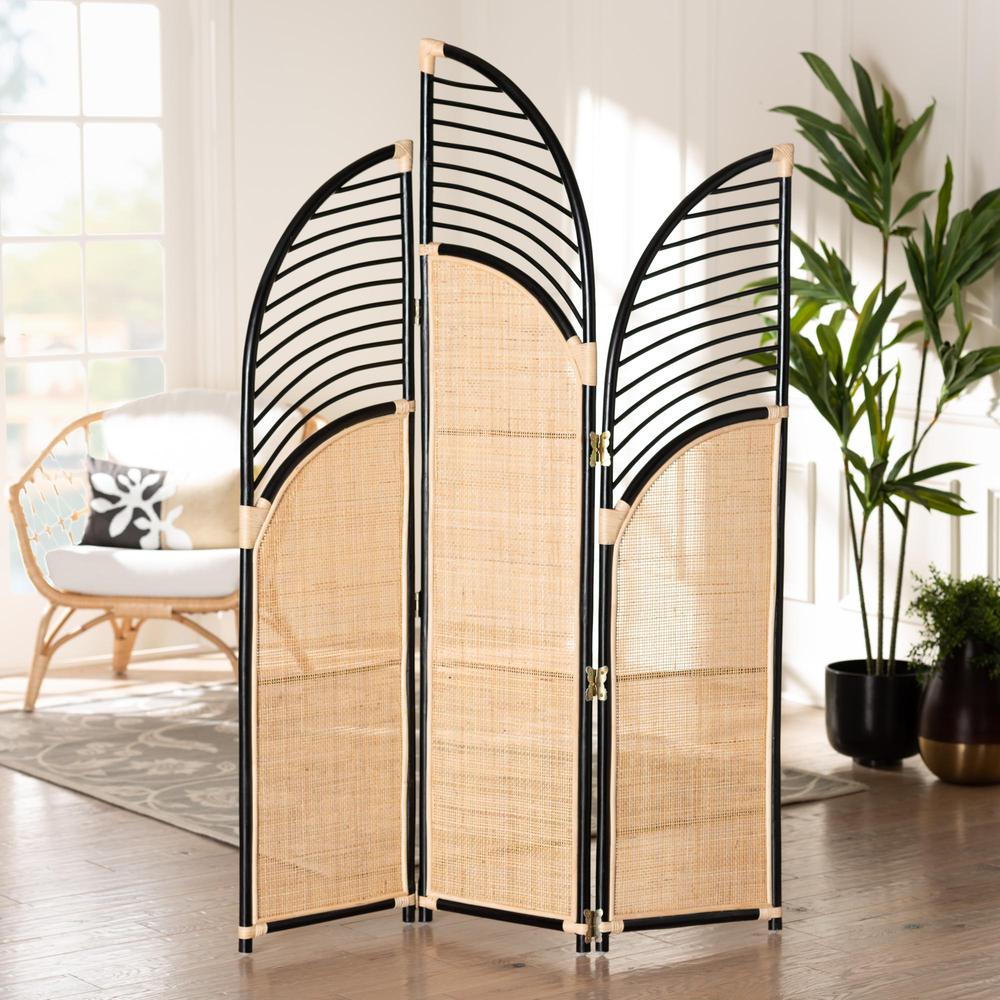 Bohemian Two-Tone Black and Natural Brown Rattan Room Divider. Picture 8