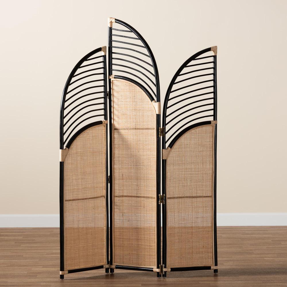 Bohemian Two-Tone Black and Natural Brown Rattan Room Divider. Picture 9