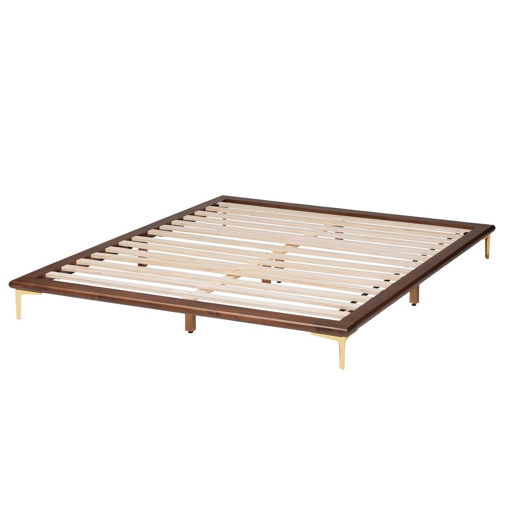 Transitional Walnut Brown Finished Wood and Gold Metal King Size Bed Frame. Picture 12
