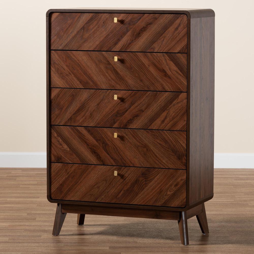 Transitional Walnut Brown Finished Wood 5-Drawer Storage Chest. Picture 19