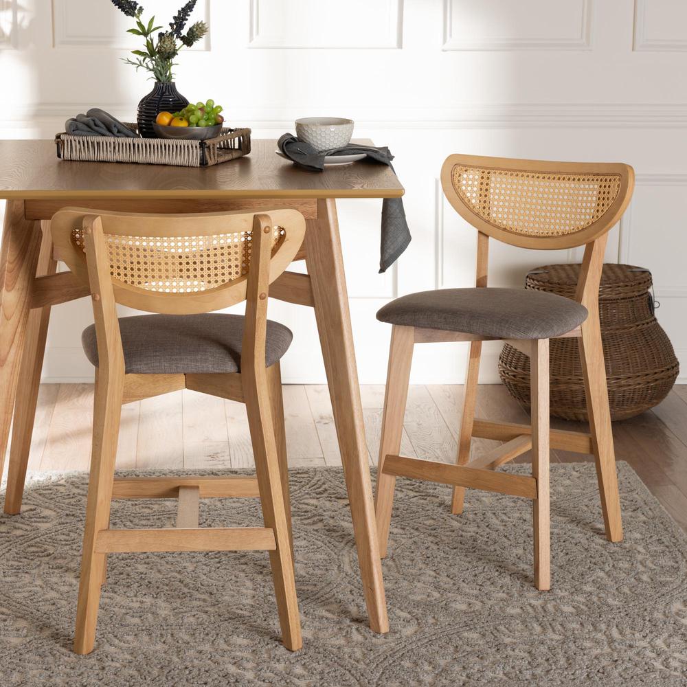 Grey Fabric and Natural Oak Finished Wood 2-Piece Counter Stool Set. Picture 16