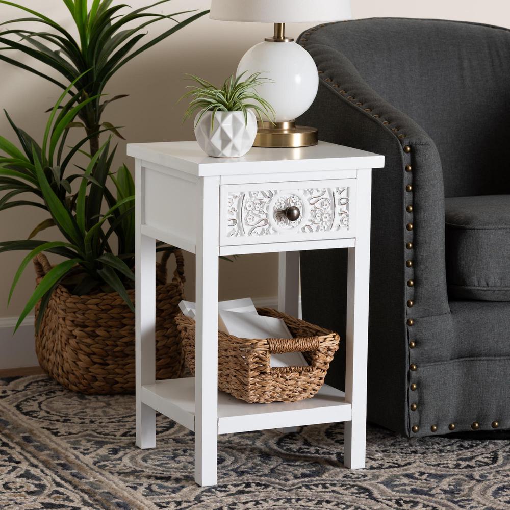 Yelena Classic and Traditional White Finished Wood 1-Drawer End Table. Picture 18