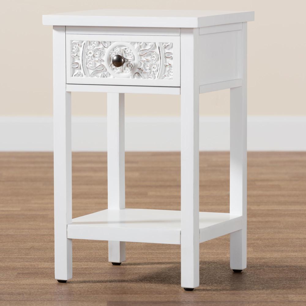 Yelena Classic and Traditional White Finished Wood 1-Drawer End Table. Picture 19