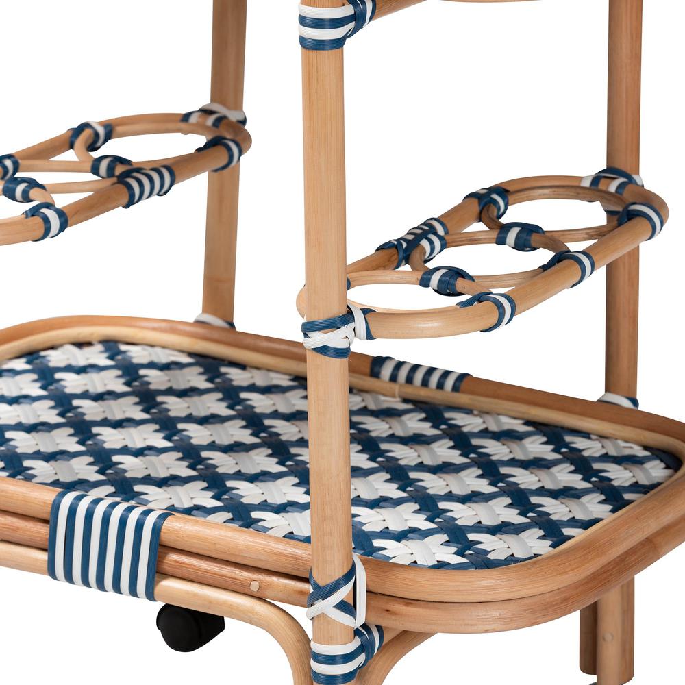Bohemian Blue and White Weaving and Natural Rattan Wine Cart. Picture 15
