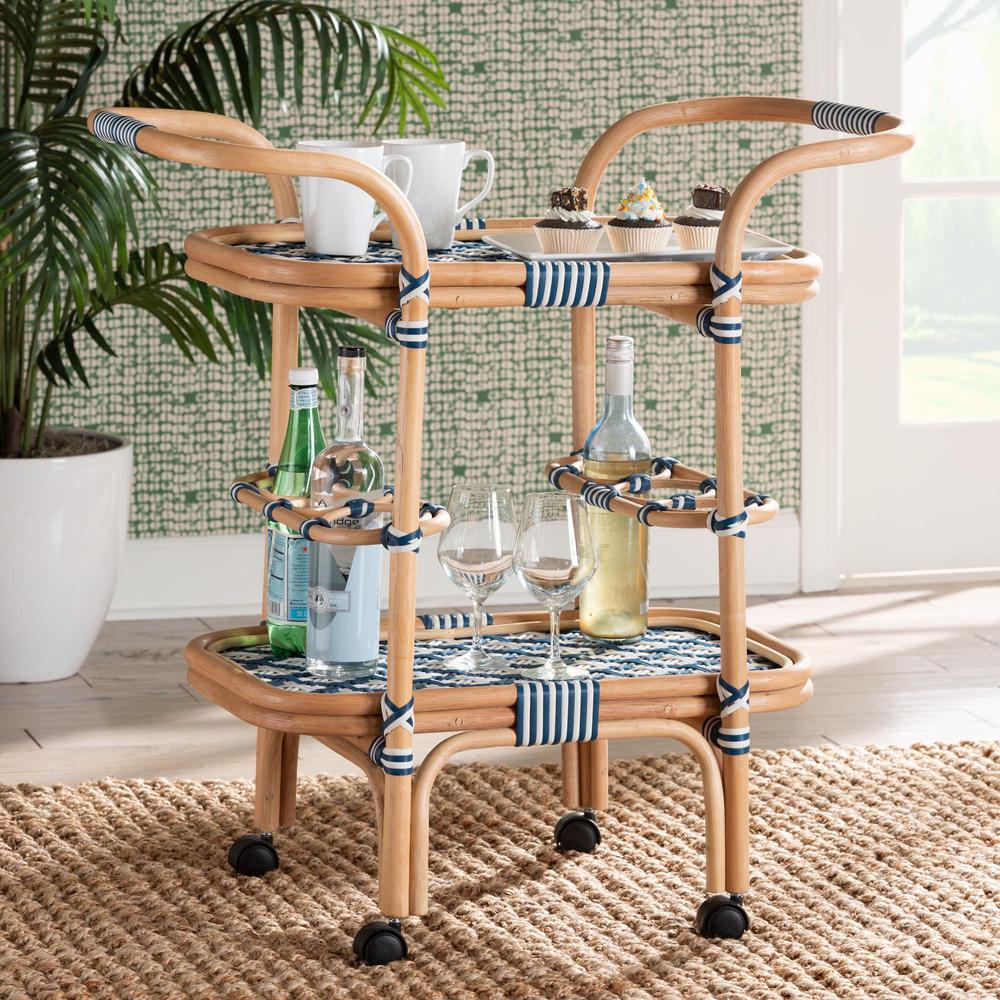 Bohemian Blue and White Weaving and Natural Rattan Wine Cart. Picture 18