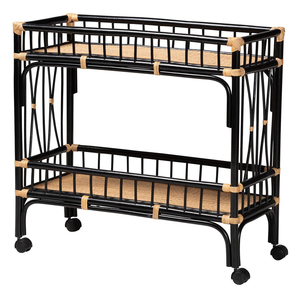 Bohemian Two-Tone Black and Natural Brown Rattan 2-Tier Kitchen Cart. Picture 9