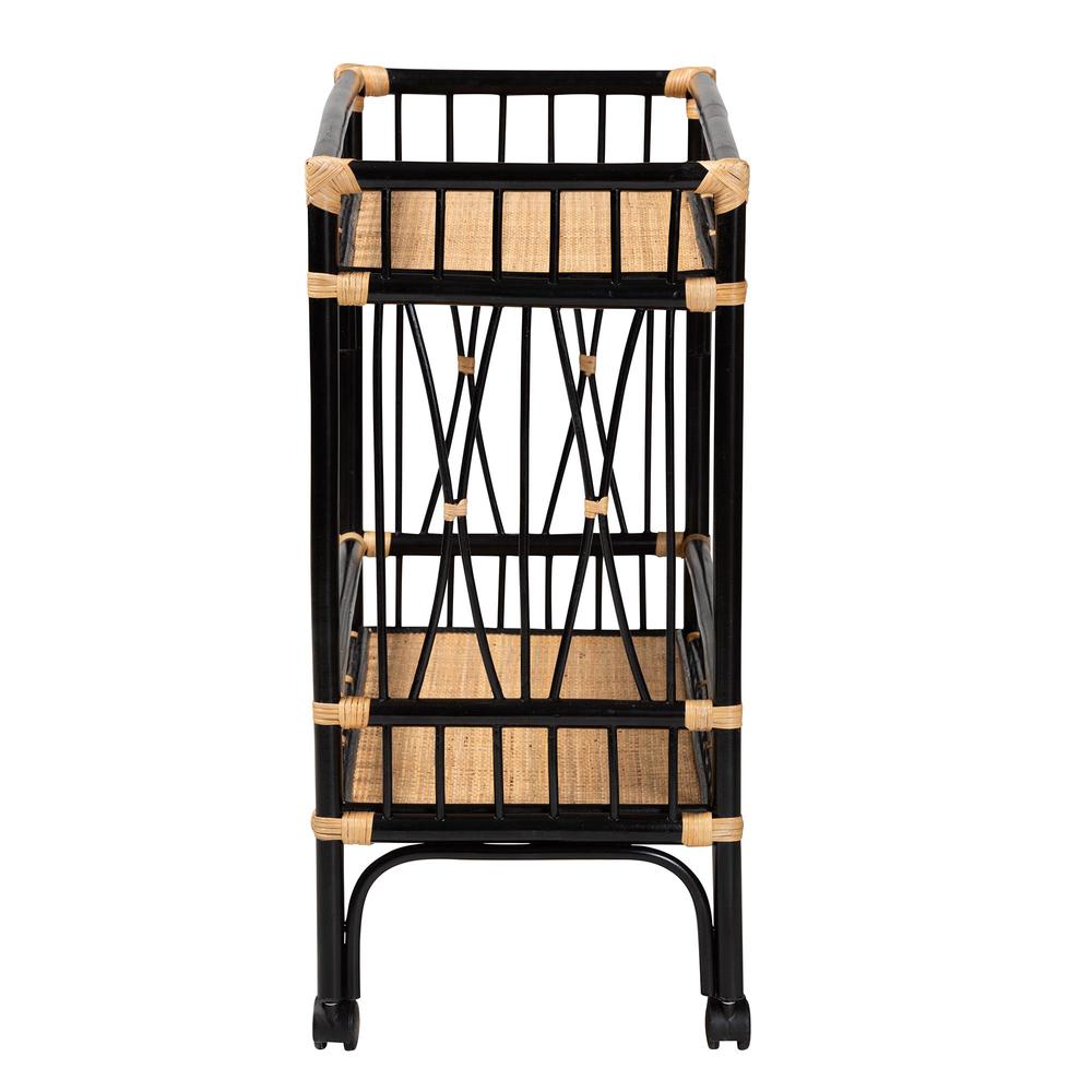 Bohemian Two-Tone Black and Natural Brown Rattan 2-Tier Kitchen Cart. Picture 11
