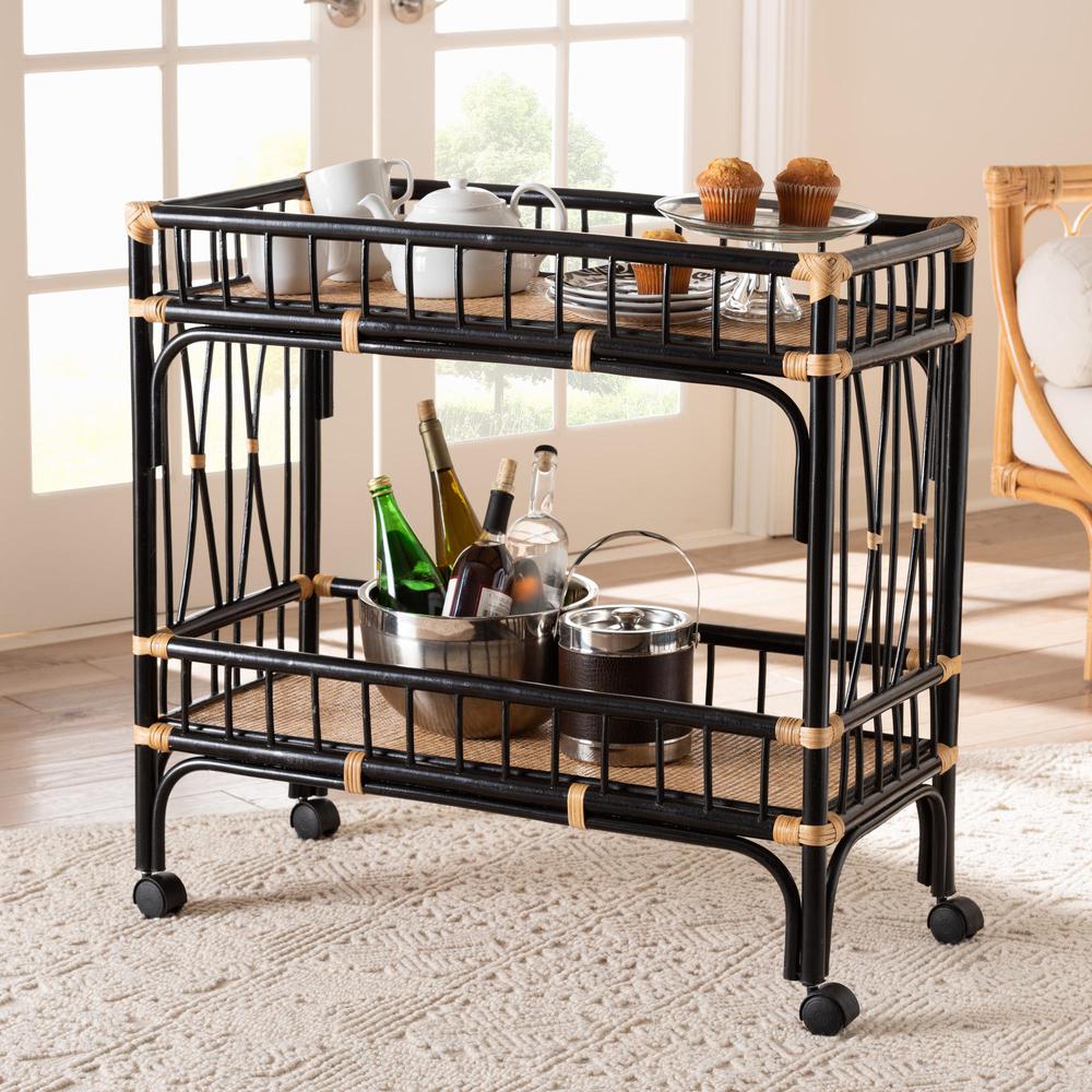 Bohemian Two-Tone Black and Natural Brown Rattan 2-Tier Kitchen Cart. Picture 14