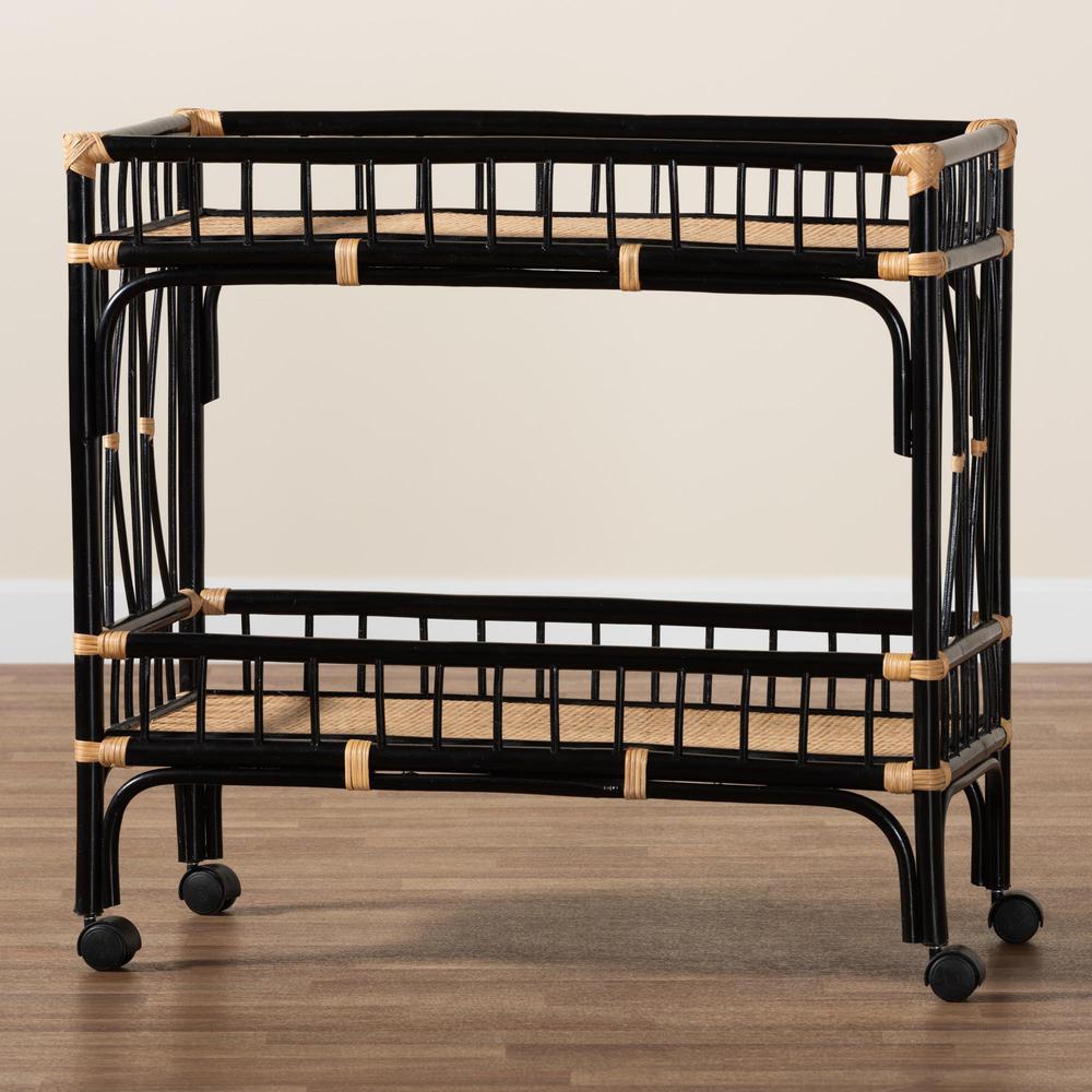 Bohemian Two-Tone Black and Natural Brown Rattan 2-Tier Kitchen Cart. Picture 15