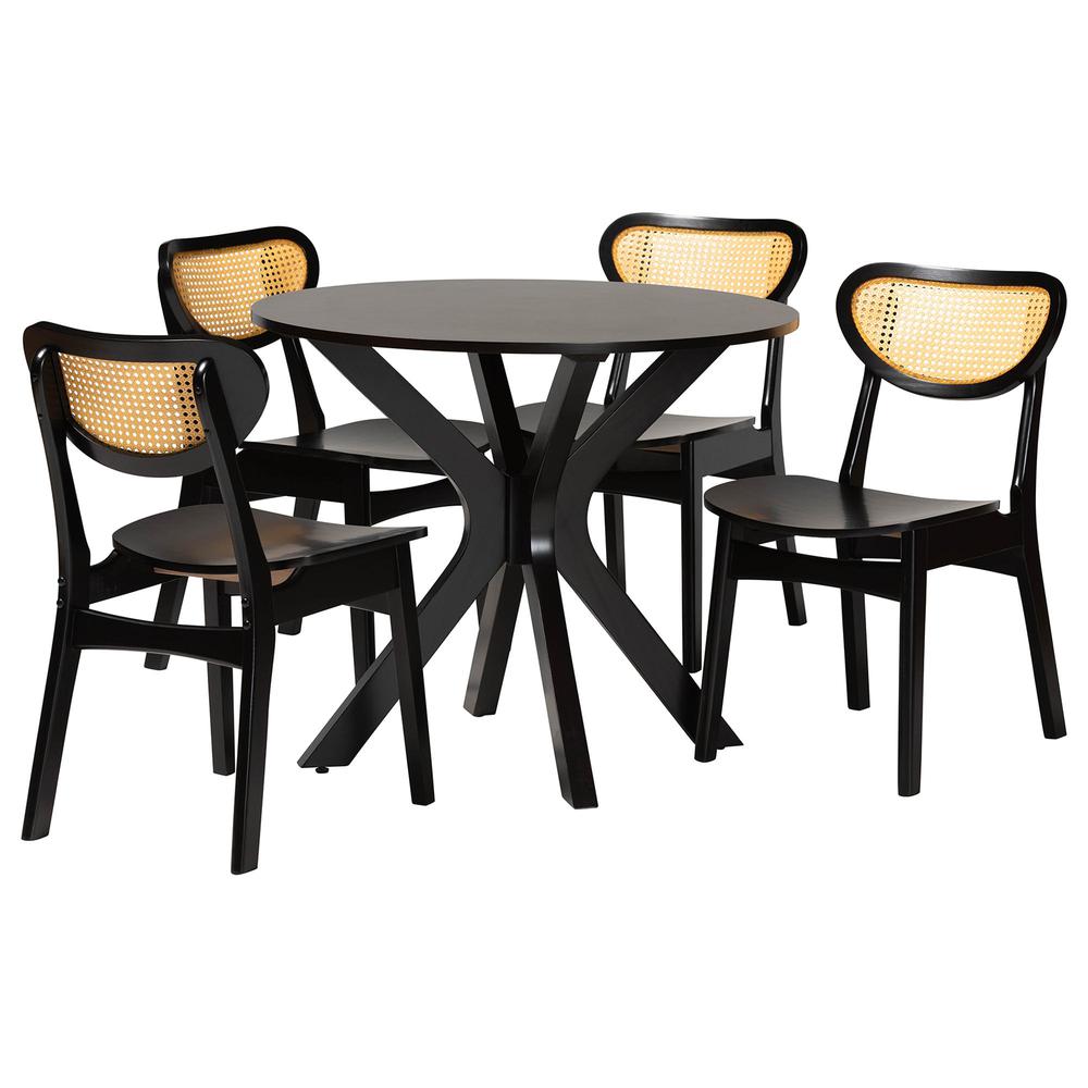 Dark Brown Finished Wood and Woven Rattan 5-Piece Dining Set. Picture 11