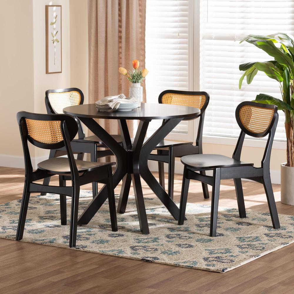 Dark Brown Finished Wood and Woven Rattan 5-Piece Dining Set. Picture 18