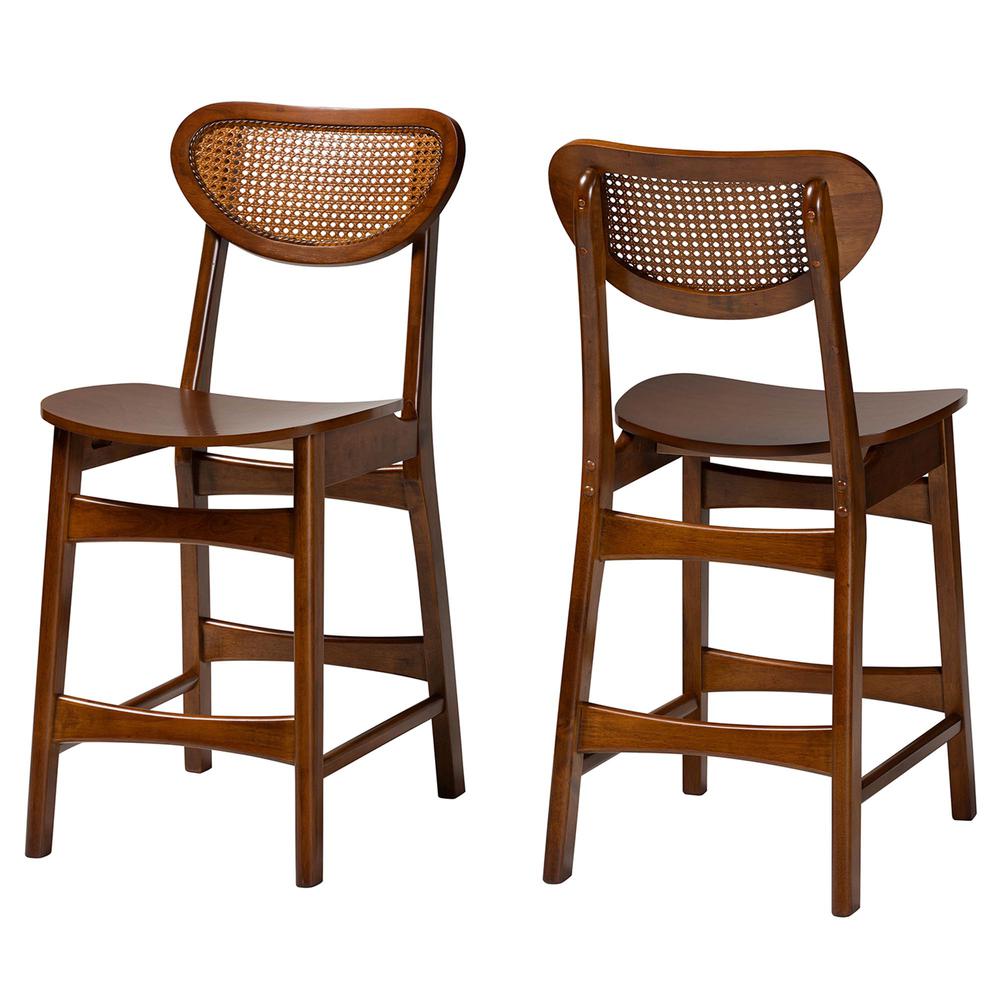 Walnut Brown Finished Wood and Rattan 2-Piece Counter Stool Set. Picture 10