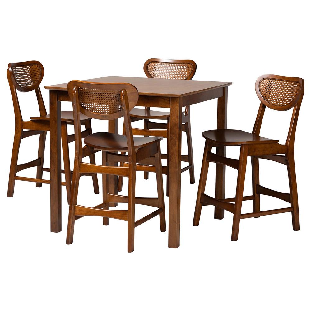 Hesper Mid-Century Modern Walnut Brown Finished Wood and Rattan 5-Piece Pub Set. Picture 11