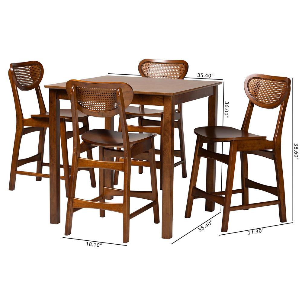 Hesper Mid-Century Modern Walnut Brown Finished Wood and Rattan 5-Piece Pub Set. Picture 20