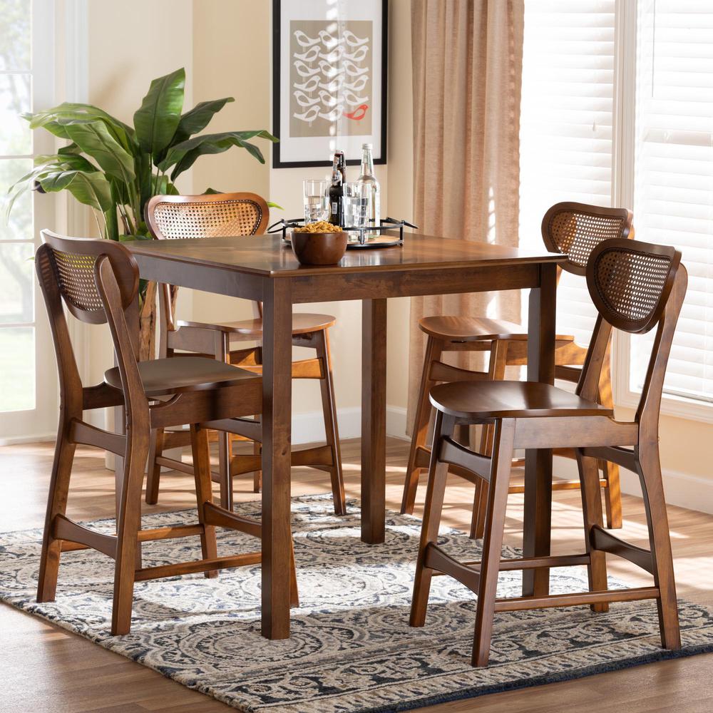 Hesper Mid-Century Modern Walnut Brown Finished Wood and Rattan 5-Piece Pub Set. Picture 18
