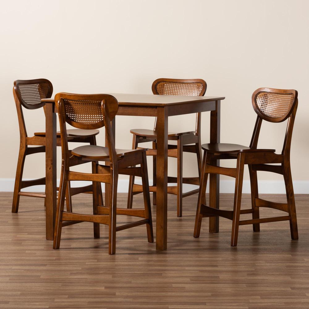 Hesper Mid-Century Modern Walnut Brown Finished Wood and Rattan 5-Piece Pub Set. Picture 19