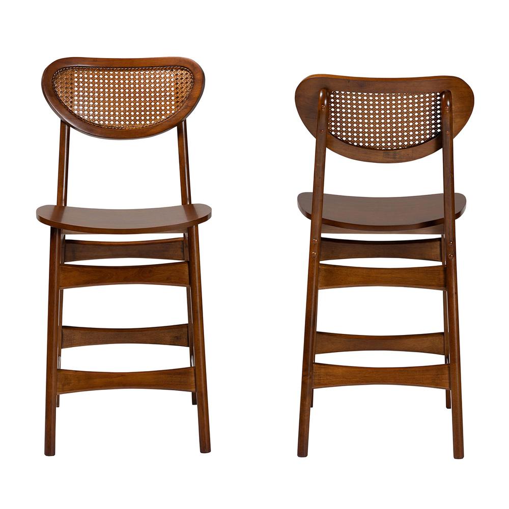 Walnut Brown Finished Wood and Rattan 2-Piece Counter Stool Set. Picture 11