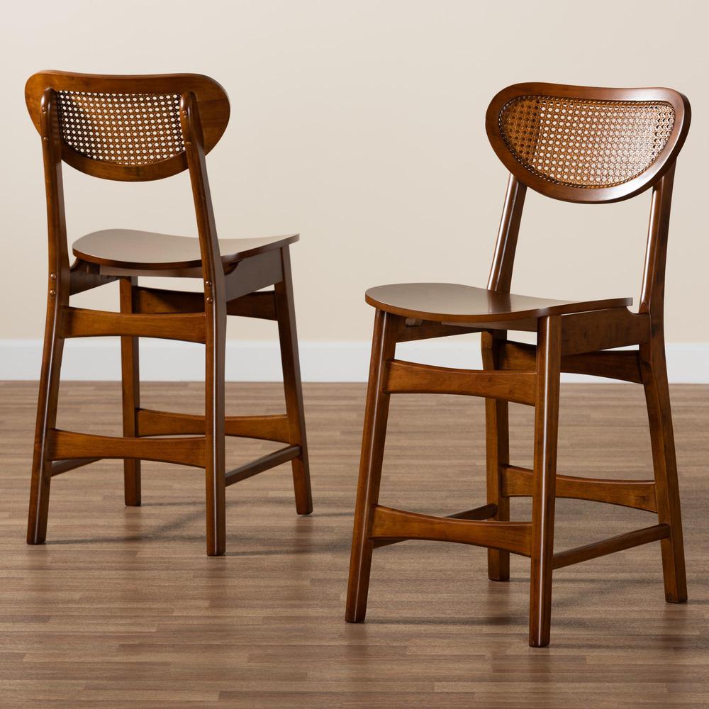 Walnut Brown Finished Wood and Rattan 2-Piece Counter Stool Set. Picture 17