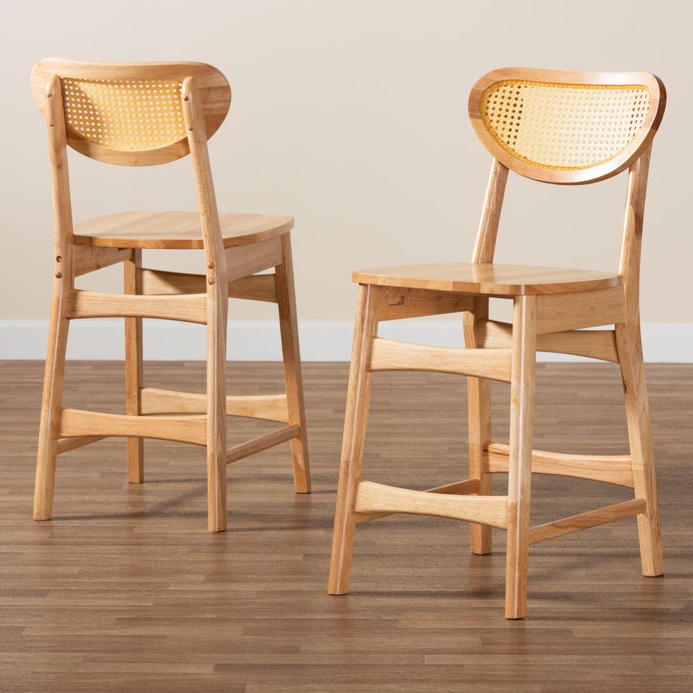 Oak Brown Finished Wood and Rattan 2-Piece Counter Stool Set. Picture 17