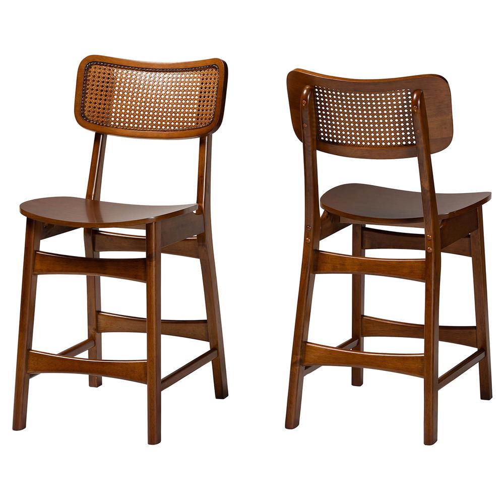 Walnut Brown Finished Wood and Rattan 2-Piece Counter Stool Set. Picture 10