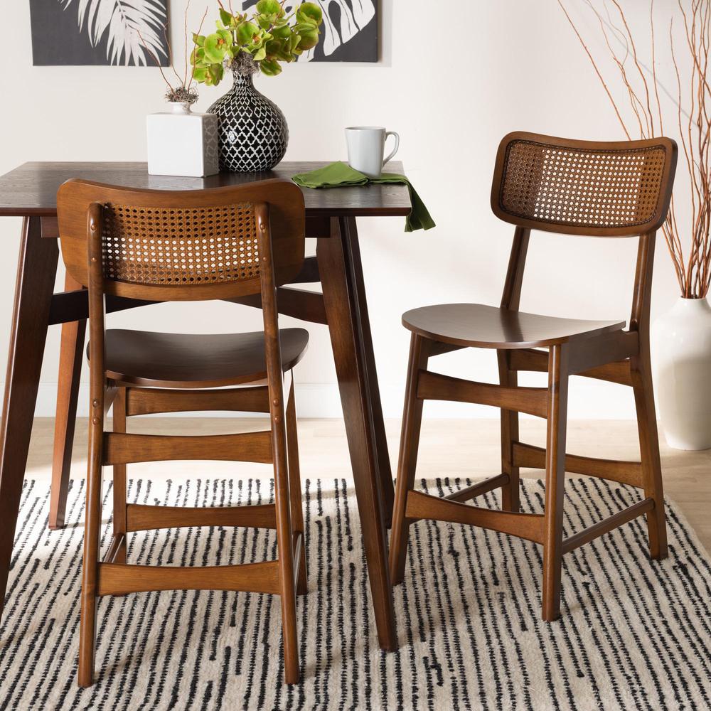 Walnut Brown Finished Wood and Rattan 2-Piece Counter Stool Set. Picture 16