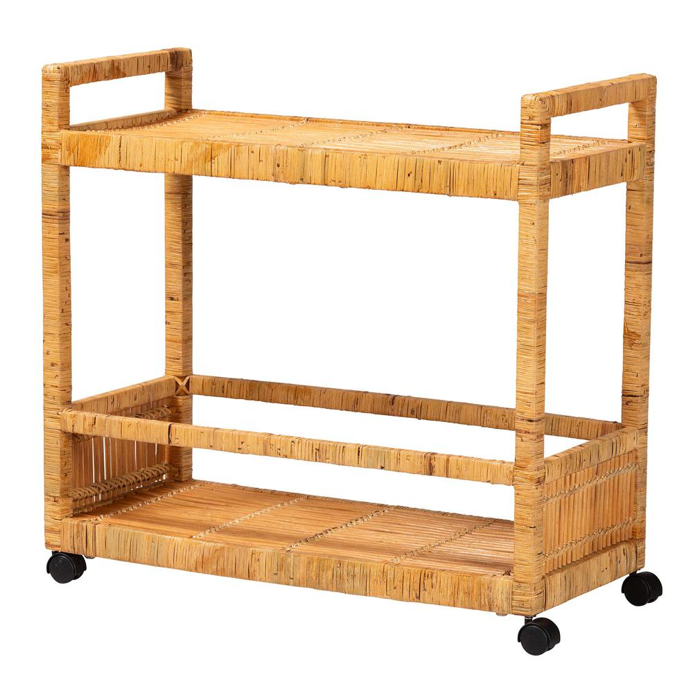 Bohemian Natural Brown Rattan and Teak Wood 2-Tier Kitchen Cart. Picture 9