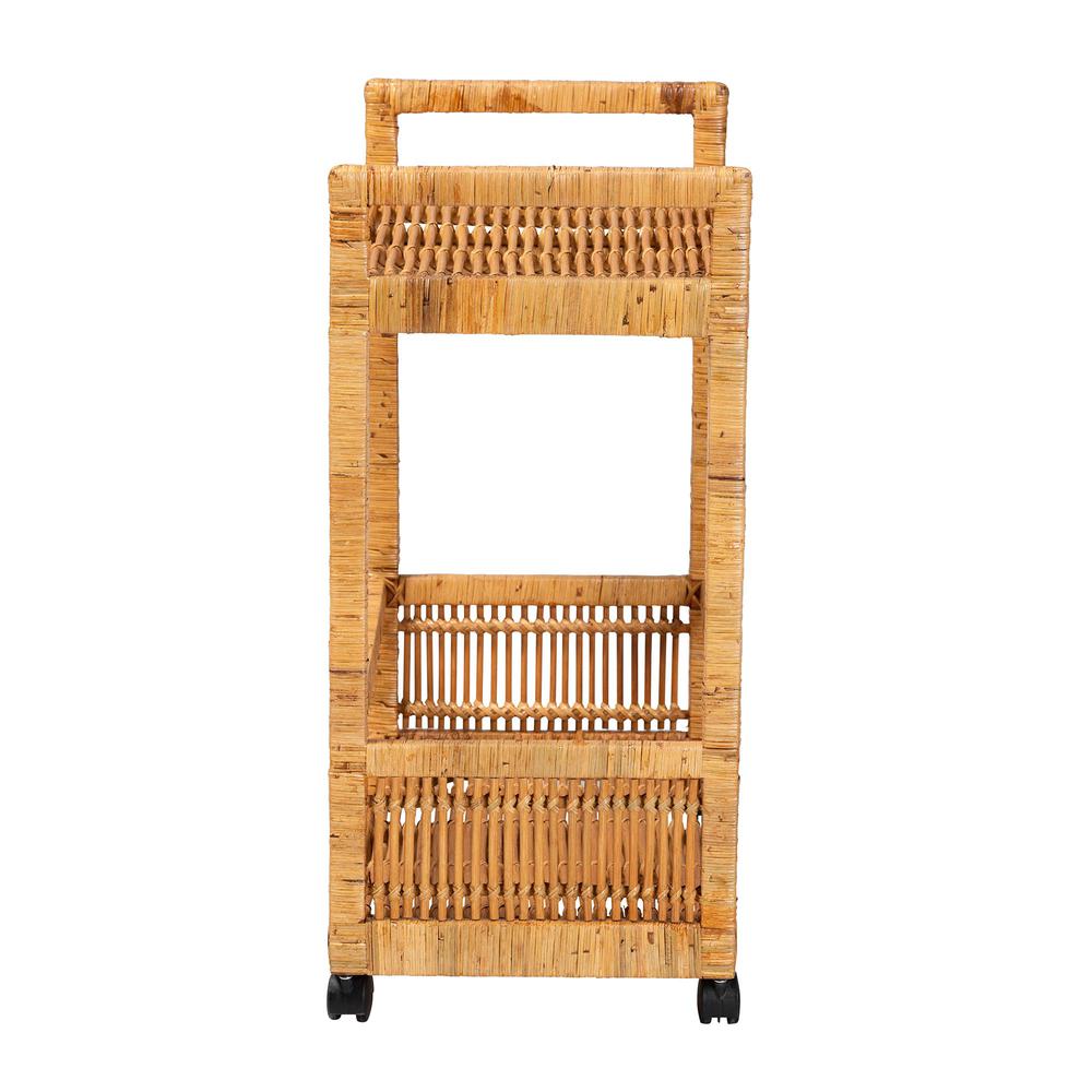 Bohemian Natural Brown Rattan and Teak Wood 2-Tier Kitchen Cart. Picture 11