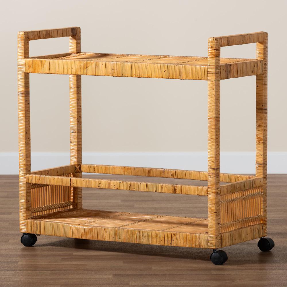 Bohemian Natural Brown Rattan and Teak Wood 2-Tier Kitchen Cart. Picture 15