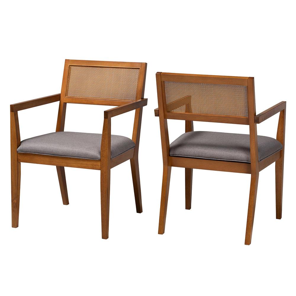 Modern Japandi Grey Fabric and Walnut Brown Finished Wood 2-Piece Arm Chair Set. Picture 10