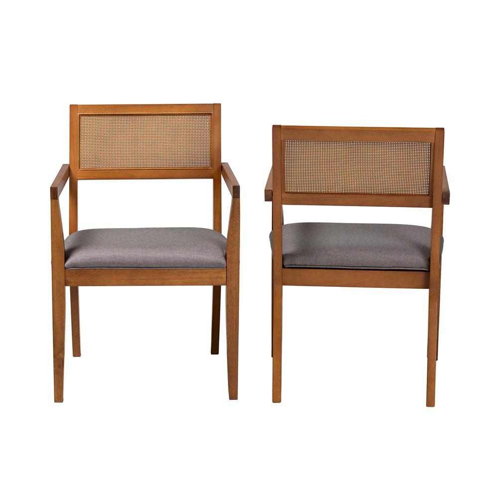 Modern Japandi Grey Fabric and Walnut Brown Finished Wood 2-Piece Arm Chair Set. Picture 11