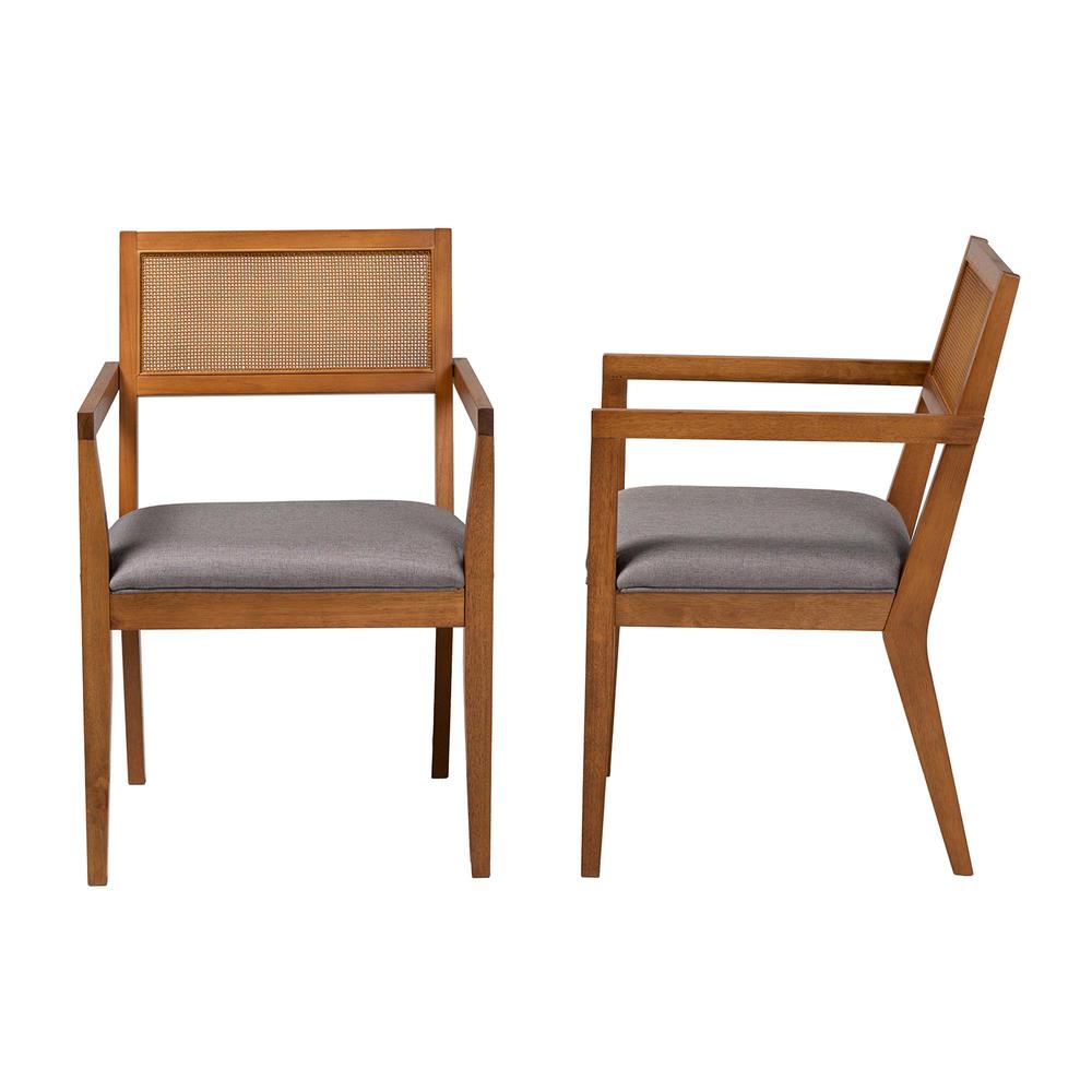 Modern Japandi Grey Fabric and Walnut Brown Finished Wood 2-Piece Arm Chair Set. Picture 12