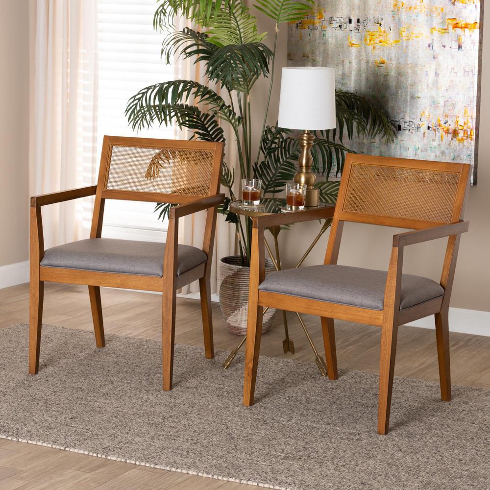 Modern Japandi Grey Fabric and Walnut Brown Finished Wood 2-Piece Arm Chair Set. Picture 16