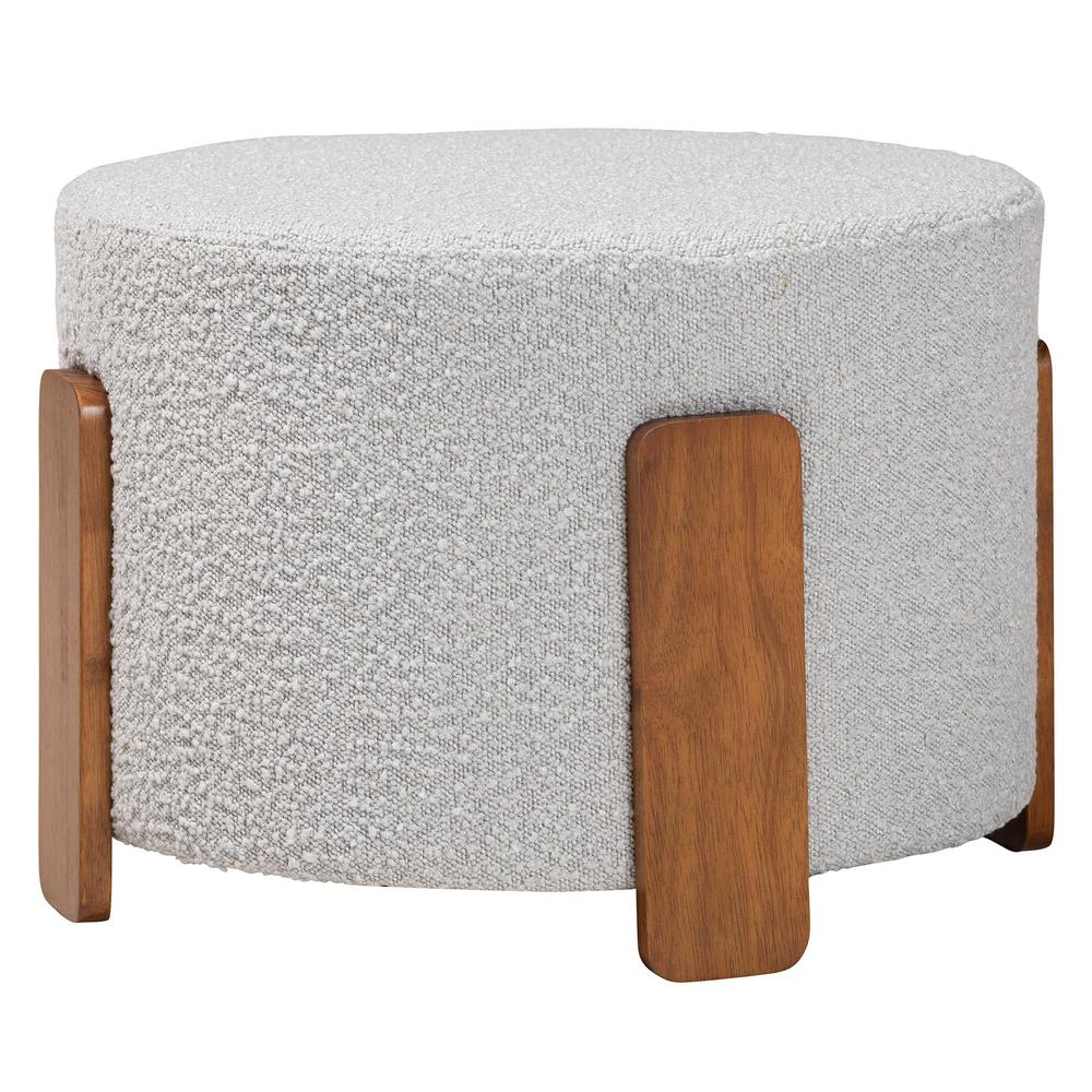 Light Grey Boucle Fabric and Walnut Brown Finished Wood Ottoman Footstool. Picture 8