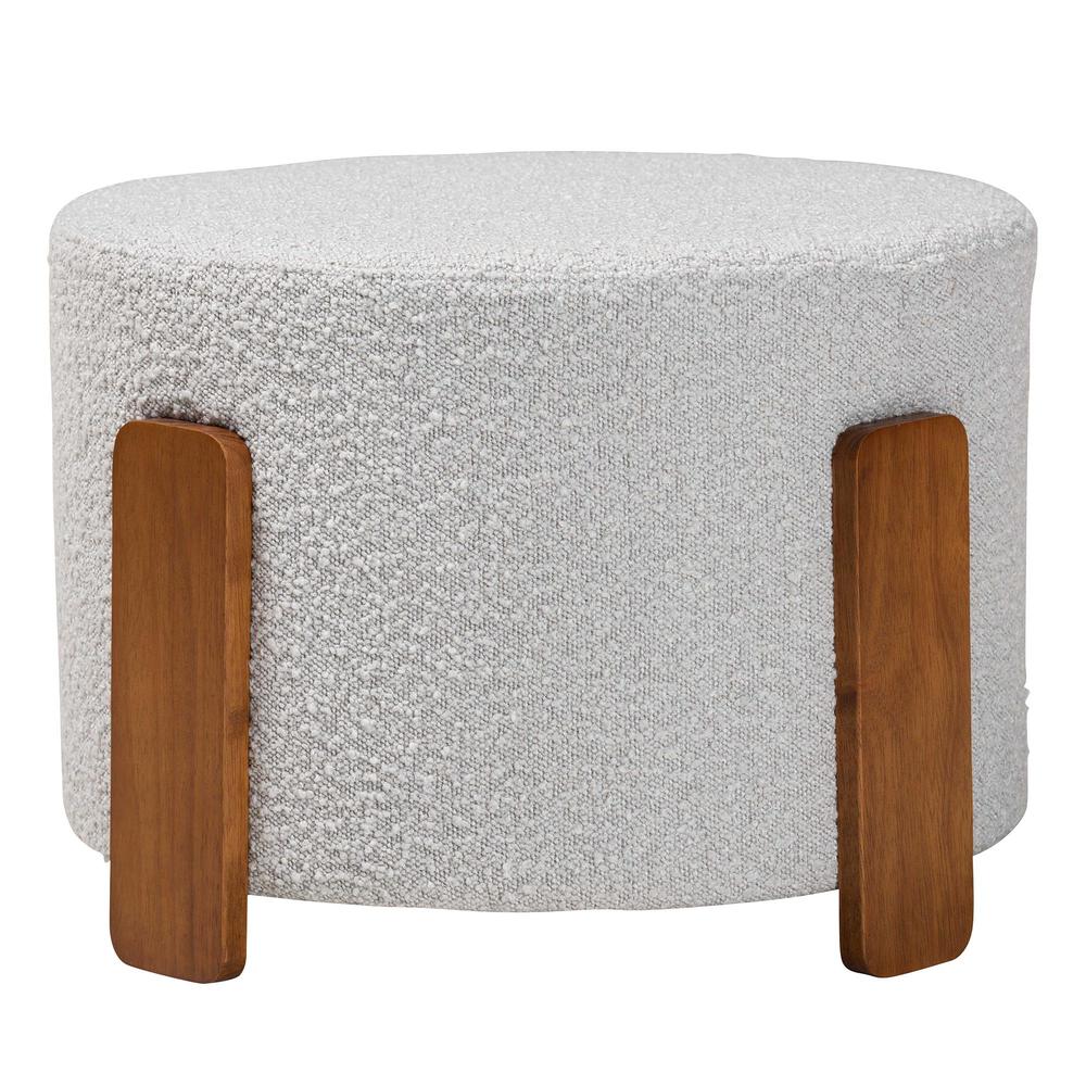 Light Grey Boucle Fabric and Walnut Brown Finished Wood Ottoman Footstool. Picture 9
