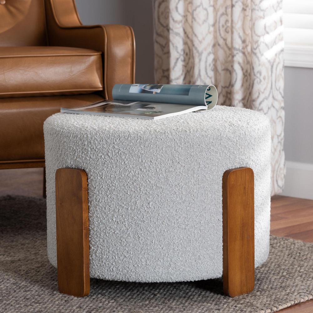 Light Grey Boucle Fabric and Walnut Brown Finished Wood Ottoman Footstool. Picture 12