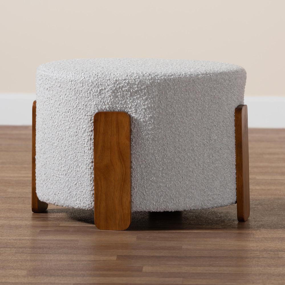 Light Grey Boucle Fabric and Walnut Brown Finished Wood Ottoman Footstool. Picture 13