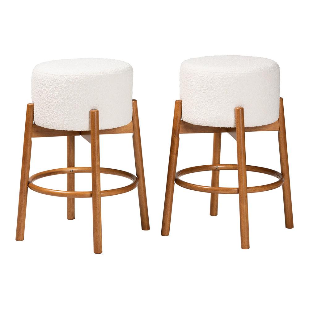 Japandi Cream Boucle Fabric and Walnut Brown Finished Wood 2-Piece Bar Stool Set. Picture 8