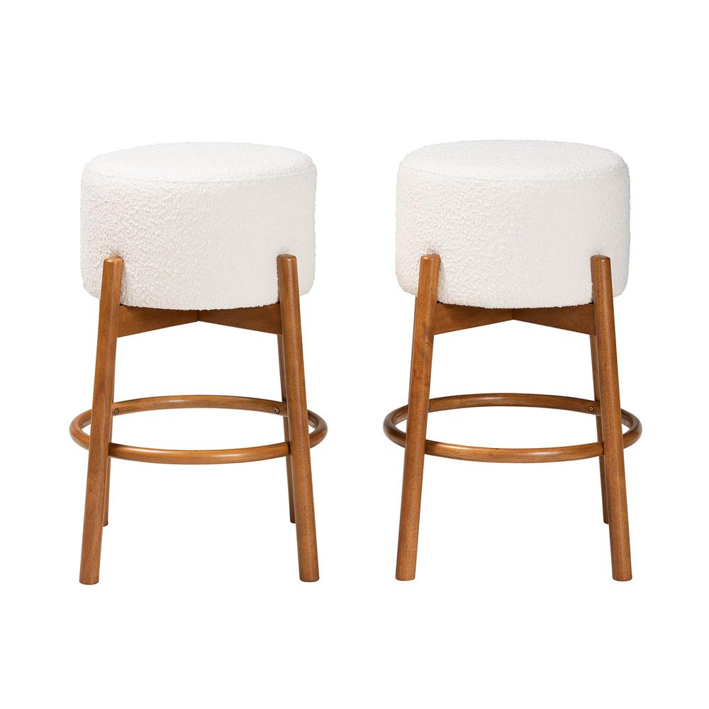 Japandi Cream Boucle Fabric and Walnut Brown Finished Wood 2-Piece Bar Stool Set. Picture 9