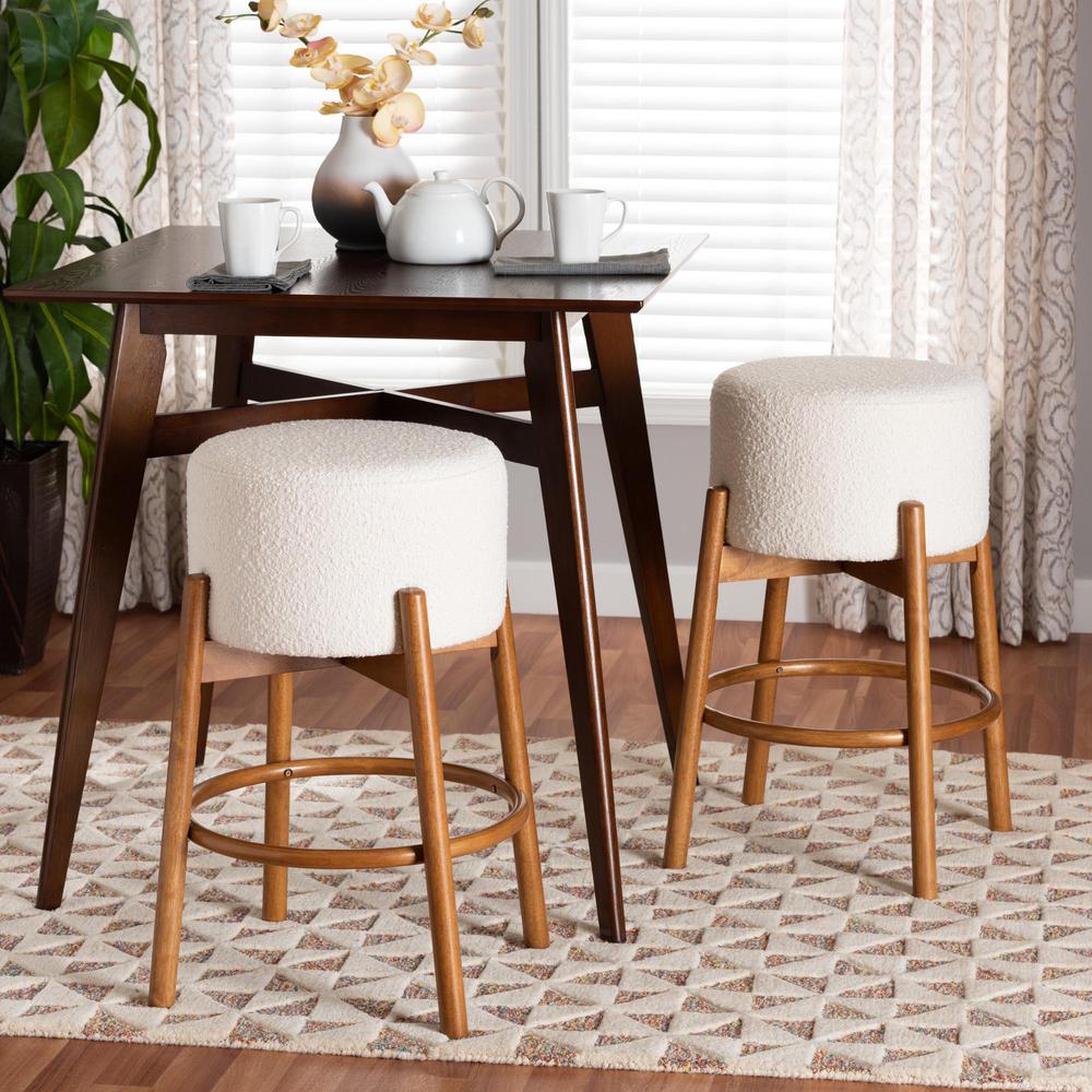 Japandi Cream Boucle Fabric and Walnut Brown Finished Wood 2-Piece Bar Stool Set. Picture 12