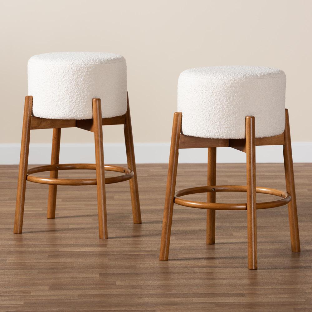 Japandi Cream Boucle Fabric and Walnut Brown Finished Wood 2-Piece Bar Stool Set. Picture 13