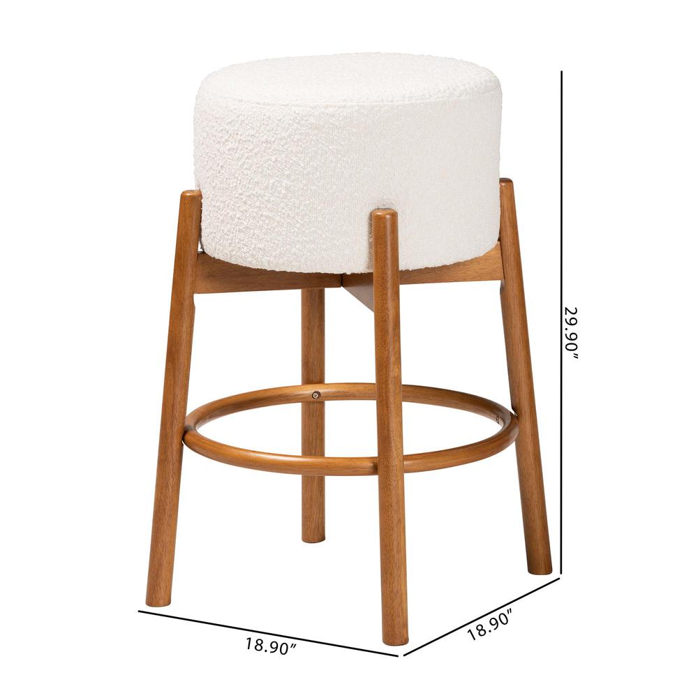 Japandi Cream Boucle Fabric and Walnut Brown Finished Wood 2-Piece Bar Stool Set. Picture 14