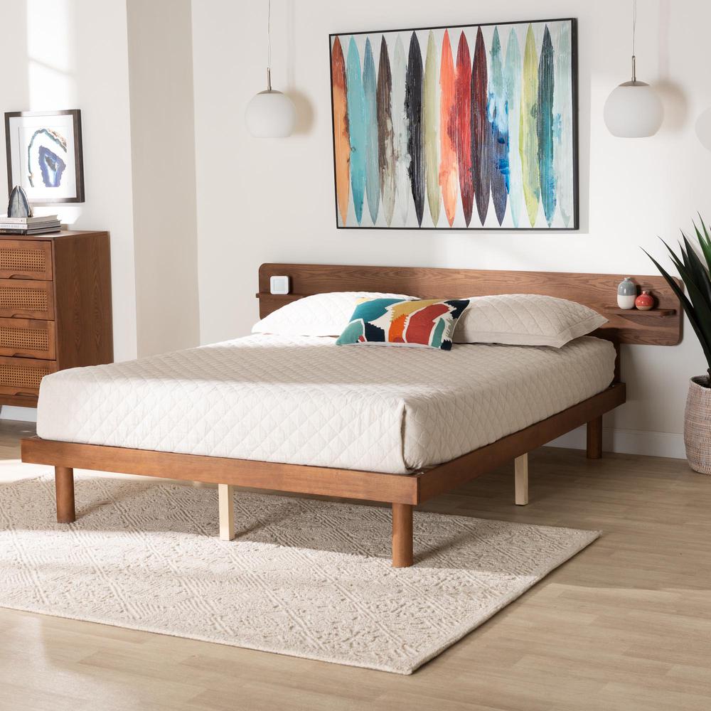 Walnut Brown Finished Wood Queen Size Platform Bed with Built-in Shelf. Picture 16